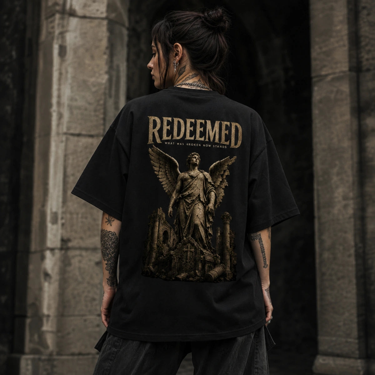 REDEEMED Oversized T-Shirt – Vintage Angel Statue | Premium Heavyweight 240 GSM